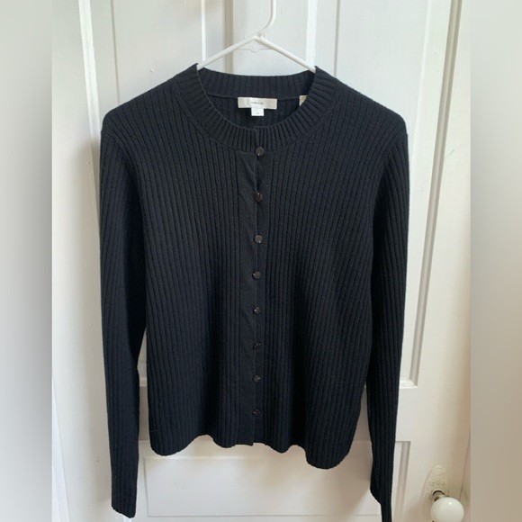 Vince Ribbed Button Down Cashmere/Wool Blend Cardigan Large Black